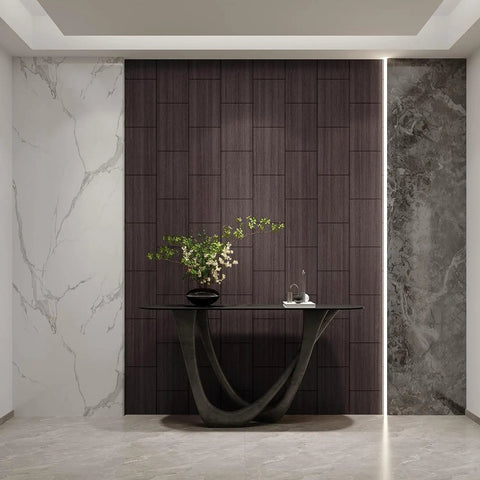Slick 3D Black Oak Wood Slat Panels Peel And Stick Acoustic Foam Blocks on modern wall with marble accents.