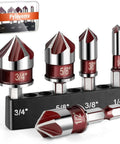 Front view: Pylevemv 5-piece countersink drill bit set with red bodies, silver tips; hex shanks, sizes 1/4 in to 3/4 in