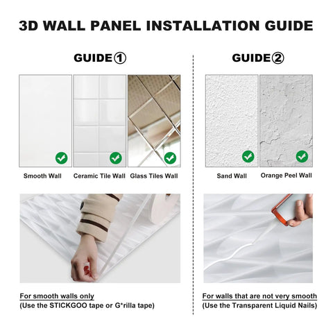 Installation guide for Peel And Stick 3D Wall Panels White Finish 19.7 By 19.7 Inches on various wall types using adhesive options.
