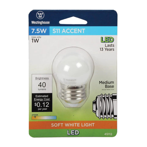 S11 LED Accent Bulb 1W Replacing 7.5W Incandescent White Finish Medium Base 40 Lumens Non Dimmable Damp Rated Energy Saver