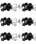 Six Pack Crystal Privacy Door Knobs With Lock Diamond Faceted Glass With 2 9/16 Inch Round Rosettes Black Interior Keyless Set