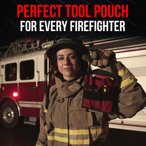 Firefighter holding Firefighter Pocket Tool Organizer Pouch With Webbing Carry Handle Durable Gear Pouch For Fire Tools.