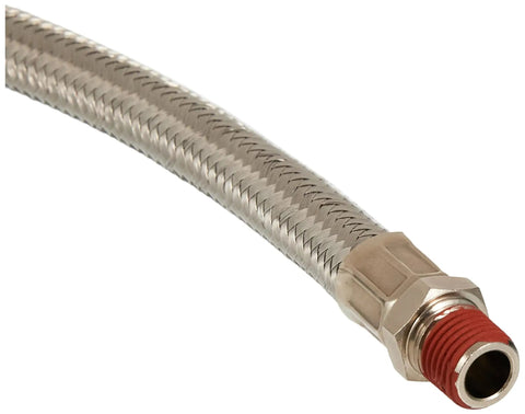 Close-up of 18 Inch Stainless Steel Braided Leader Hose Heavy Duty Rubber Pneumatic Air Line with Male Npt swivel fitting.