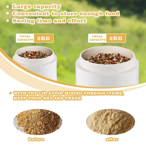 Top Shelf 2 Pack Chicken Feeder Set With Smart No Waste Gravity Design For Coops Ducks Turkeys And Geese Easy Fill Tough PVC poultry buckets with food.