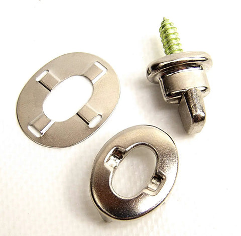 Forget Flimsy Tabs Grab These Heavy Duty Turn Button Fasteners With Stainless Eyelets Backing Plates And Number Twelve Screws For A Rock Solid Four Piece Canvas Bag Strap Kit That Gonna Keep Things Secure On Any Adventure components including two metal turn button fasteners and screw.