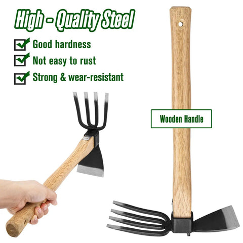 Two In One Garden Hoe And Cultivator For Weeding And Planting, Japanese Style Hand Tool with wooden handle and steel blade