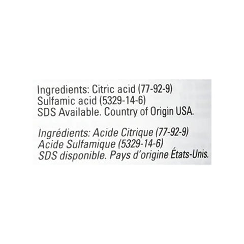Activated Scale Remover Descaler ingredients label with citric and sulfamic acid, origin USA.