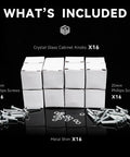 16 Pack Slick Crystal Cabinet Knobs With 30mm Diamond Glass Pull Handles And Polished Gold Base, Clear Dresser Knobs For A Fresh Home Vibe Upgrade, Includes Long And Short Screws, showing included screws and metal shims.