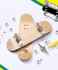 Eight Piece Fingerboard Bearing Wheels And Tool Kit White Wheels With Alloy Racks And Screwdrivers Plus Nut Drivers For 34mm Wide Decks Finger Skateboard Trucks, shown with wooden decks and tools.