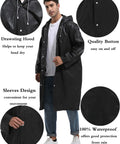Two Pack Reusable Rain Ponchos For Adults With Hoods And Sleeves In Black with drawstring hood and button details