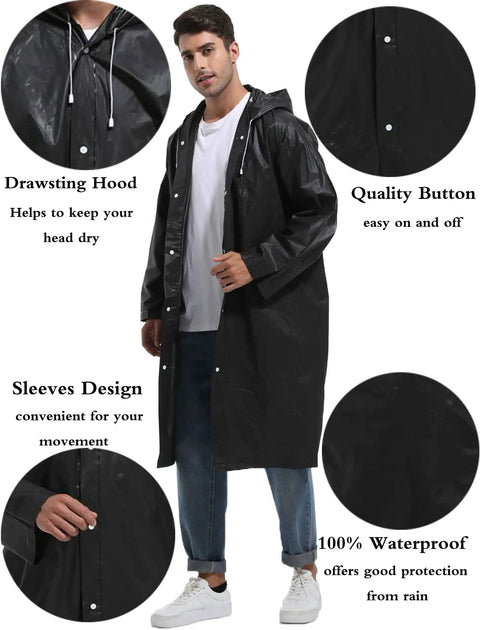 Two Pack Reusable Rain Ponchos For Adults With Hoods And Sleeves In Black with drawstring hood and button details