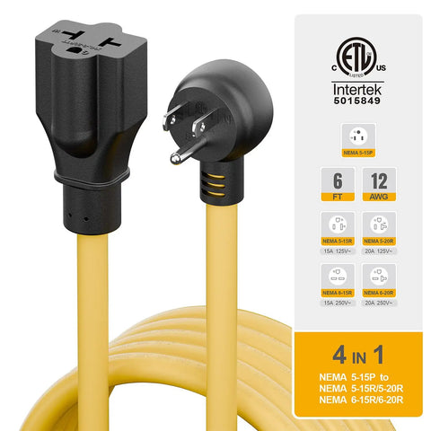 Angled Beefy Heavy Duty Indoor Outdoor Extension Cord 6 Ft 12 AWG SJTW 15A To 4 In 1 T Blade Receptacle NEMA 5 15P To 5 15R 5 20R 6 15R 6 20R Ideal For Home Garage Tools And EV Charging shown with yellow cable and plug details