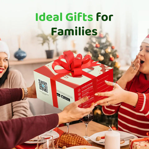 Hands exchanging a gift box with red ribbon, ideal gifts for families, festive setting with people in background.