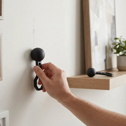Aolidsive 2 Pcs Magnetic Stud Finder Portable Handheld Wall Stud Detector used on a wall to locate a stud for securing items.
