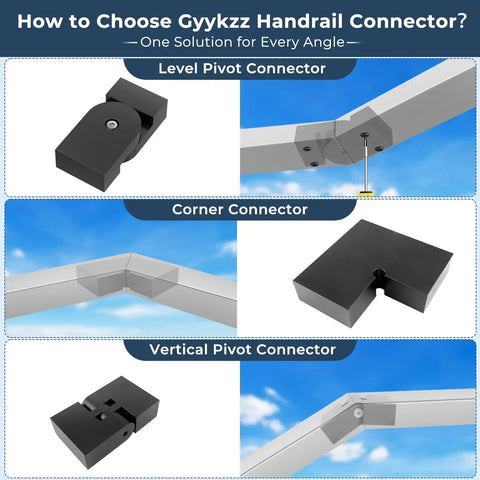 Black Level Pivot Connector For Stainless Steel Flat Handrail 180 Degree Adjustable Cable Railing Fitting For Top Hand Rail Heavy Duty POM Connecting Block For Horizontal Handrail System, black POM pivot connector shown in level, corner, and vertical handrail joints