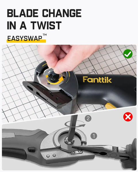 C10 Pro BowGuide Electric Cardboard Cutter blade change demonstrated with Easyswap feature on top half of the image.