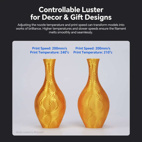Two decorative vases printed with Silk PLA 4KG Bundle for 3D Printing, showcasing different print speeds and temperatures for lustrous finish.