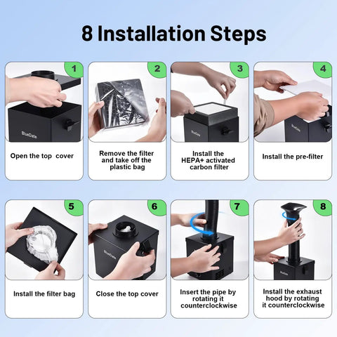 Installation steps for DC Brushless Solder Fume Extractor With Strong Suction, Low Noise, H13 HEPA Filter, showing filter and pipe assembly.