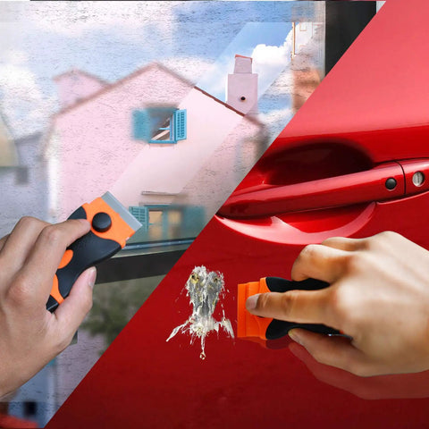 Pro Grade Double Edge Razor Scraper Kit With 30 Replacement Blades for stickers and decals removal shown in use on glass and car