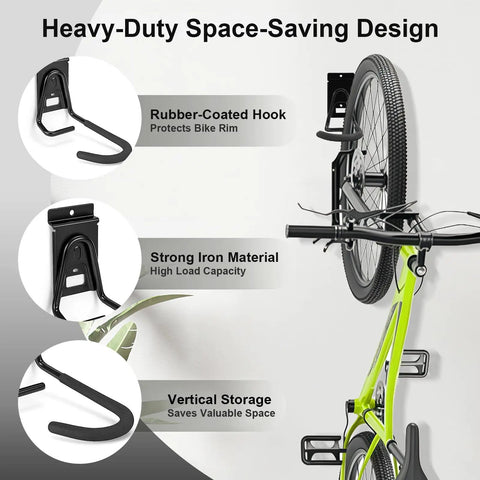 Slatwall Bike Hooks Heavy Duty PVC Coated Wall Mount Vertical Bicycle Storage Rack Four Pack installed with bike