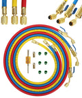 Three Piece 72 Inch Low Loss HVAC Refrigerant Hoses With Compact Ball Valve And Quarter Inch Flare Fittings Color Coded Yellow Red Blue