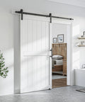 White Primed MDF Sliding Barn Door 40 Inch By 84 Inch With Waterproof PVC Coating in a modern bathroom setting.