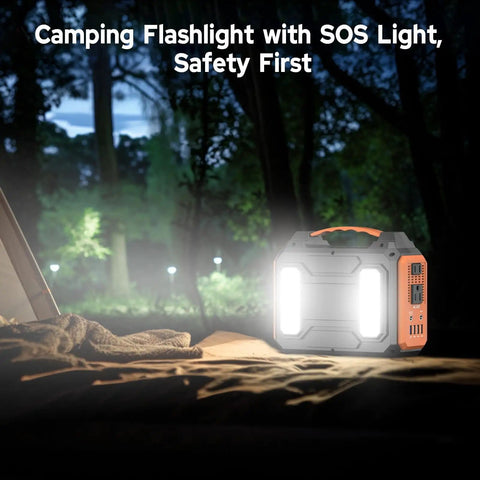 Power Station 300W Solar Generator 280Wh Portable Outdoor Power Bank With 110V AC Outlets Pure Sine Wave DC USB QC3.0 in forest at night.