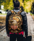Heraldic Shield Print Backpack For Everyday Use, Unisex Large Capacity Daypack with eagle emblem in urban setting.