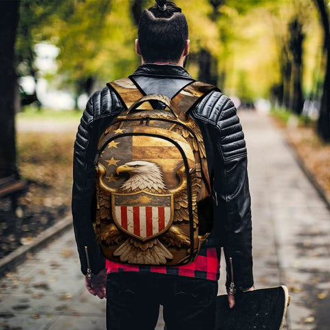 Heraldic Shield Print Backpack For Everyday Use, Unisex Large Capacity Daypack with eagle emblem in urban setting.