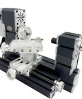 Close-up of 60W High Power Mini Metal Lathe Machine 12000 RPM 4 Axis Desktop Turning Tool, showcasing its aluminum components and precision design.
