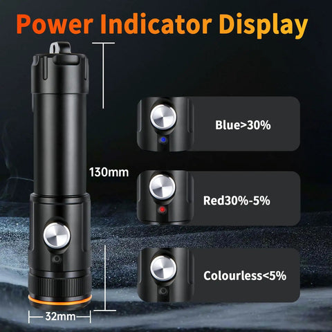 V21 Ultra Bright 2500 Lumen Dive Light With IP68 Waterproof Rating power indicator display showing charge levels.
