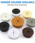 Various colors of desk cable grommet sets displayed, including the 2 Inch White Desk Cable Grommet Set Flower Shaped Desk Hole Covers For Cables ABS Plastic Cord Management.