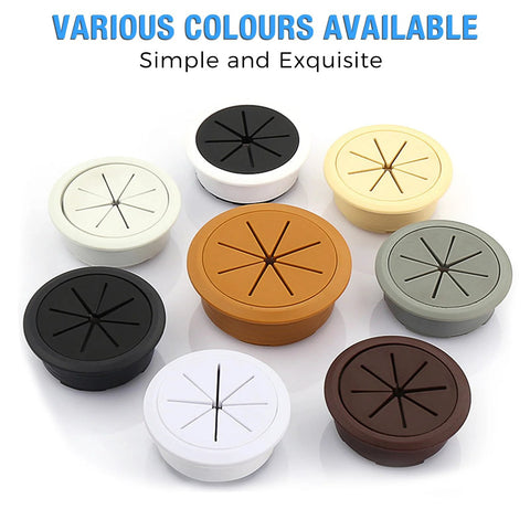Various colors of desk cable grommet sets displayed, including the 2 Inch White Desk Cable Grommet Set Flower Shaped Desk Hole Covers For Cables ABS Plastic Cord Management.