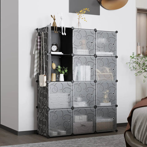 12 Cube Storage Organizer With Doors For Bedroom And Living Room, DIY plastic modular bookshelf cabinet in a modern black design