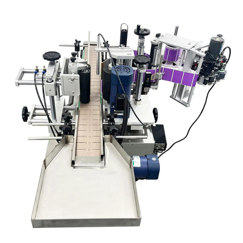 Heavy Duty Desktop Automatic Round Bottle Labeling Machine With Chain Conveyor And Integrated Print Coder For Clear And Gold Foil Labels Works Like A Dream 110V Model top view showing steel components and conveyor.