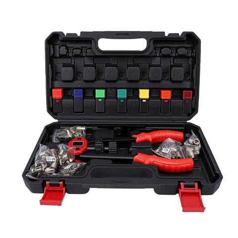 Rivet Nut Tool Kit With Interchangeable Mandrels And Storage Box, open case showing tools and mandrels for versatile use