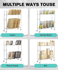 No Sweat Setup Heavy Duty Wire Cart Smooth Rolling 2 Tier Cardboard Box Storage Rack with cartons, canvas boards, picture frames, and boxes.