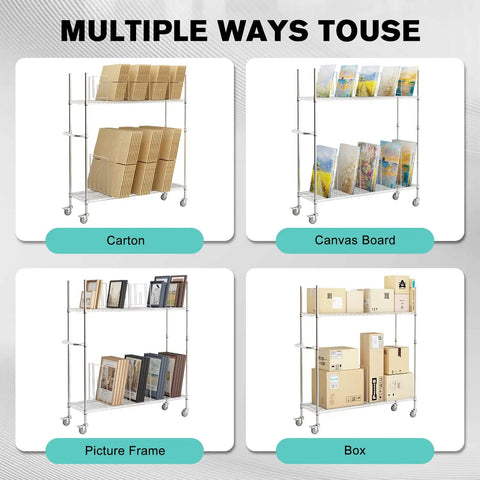 No Sweat Setup Heavy Duty Wire Cart Smooth Rolling 2 Tier Cardboard Box Storage Rack with cartons, canvas boards, picture frames, and boxes.