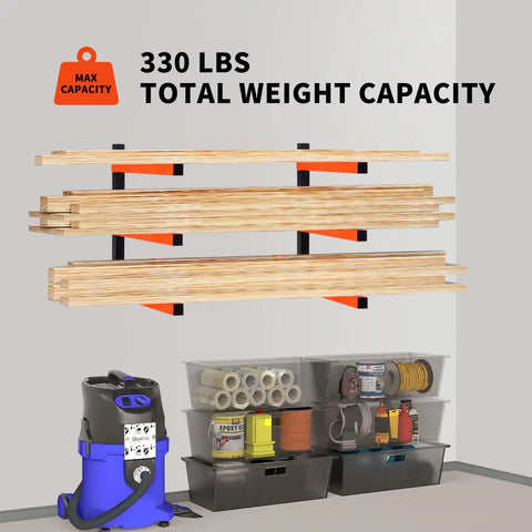 Three Layer Wall Mounted Storage Rack For Long Items Like Lumber And Pipes Heavy Duty Garage Shed Shelving Black Two Pack Scratch Resistant Space Saving Organizer shown holding lumber