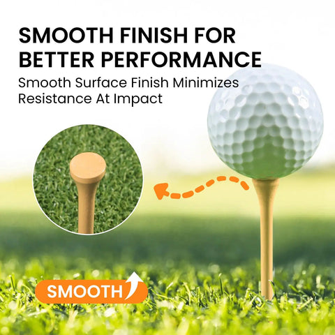 Golf ball on Natural Bamboo Golf Tees Wood Two And Three Quarters Inch And Three And One Quarter Inch Bulk Packs For All Day Practice.
