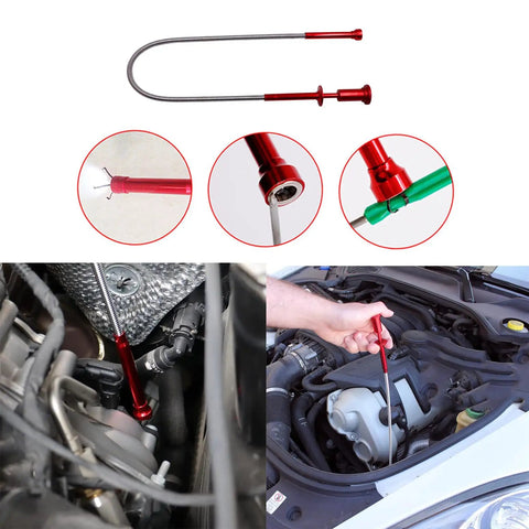 Magnetic Flexible Claw Grabber Pickup Tool With LED Light for cars in use, showing 24 inch reach in engine