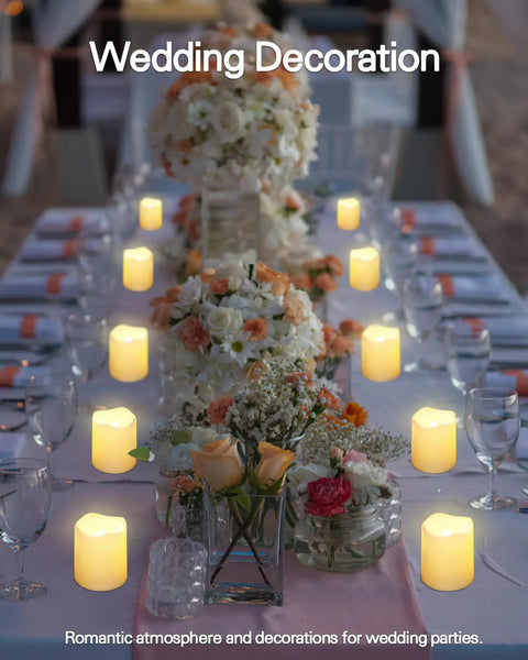Flameless Votive Candles 12 Pack Battery Operated LED Tea Lights With Warm White Flicker on wedding table centerpiece