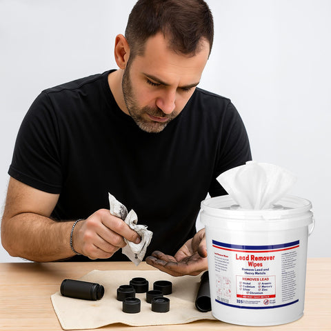 Man using 325 Count Lead Removal Wipes for Shooting Disposable Hand And Surface Cleaning Wipes To Remove Lead Dust Oil And Grime.