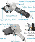 Heavy Duty Pneumatic Steel Strapping Machine For Metal Banding 2 In 1 Tensioner And Cutter Sealer showing components like cutting blade and gas nozzle.
