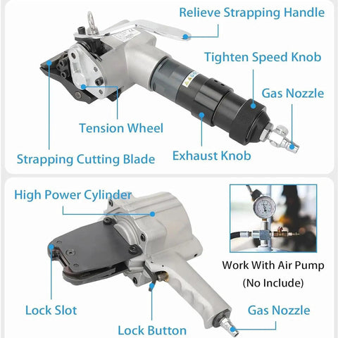 Heavy Duty Pneumatic Steel Strapping Machine For Metal Banding 2 In 1 Tensioner And Cutter Sealer showing components like cutting blade and gas nozzle.