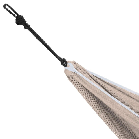 Detail of Double Polyester Mesh Hammock Packable For On The Go Chill Holds Up To 400 Lbs, Sand Sky Color, showing end attachment.
