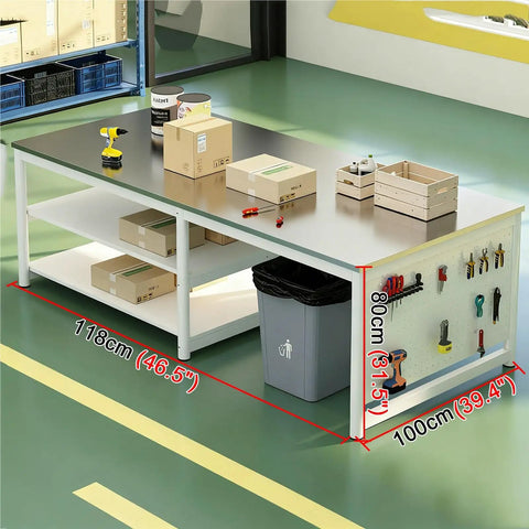 Heavy Duty Stainless Steel 3 Tier Work Bench With Perforated Side Panel And Wide Top For Rock Solid Packing Station Storage And Top Shelf Garage Prep Table Built Like A Tank For Everyday Grind, featuring tools and storage boxes.