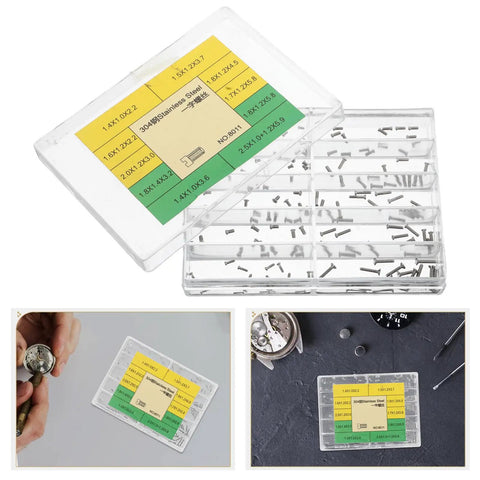 Essential Stainless Steel Watch Repair Screw Set Including Ten Individual Micro Screw Varieties For Case Back Strap Links And Clasp Maintenance Gear with assorted screws in clear case.