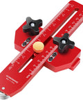 Thin Rip Jig Table Saw Guide for Quick Repetitive Narrow Strip Cuts, Anti Kickback Safety, red metal guide with ruler markings