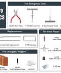 Heavy Duty 70 Piece Tubeless Tire Repair Kit With T Handle Puller And Rubber Plugs showing tire tools and accessories including pliers and plugs.